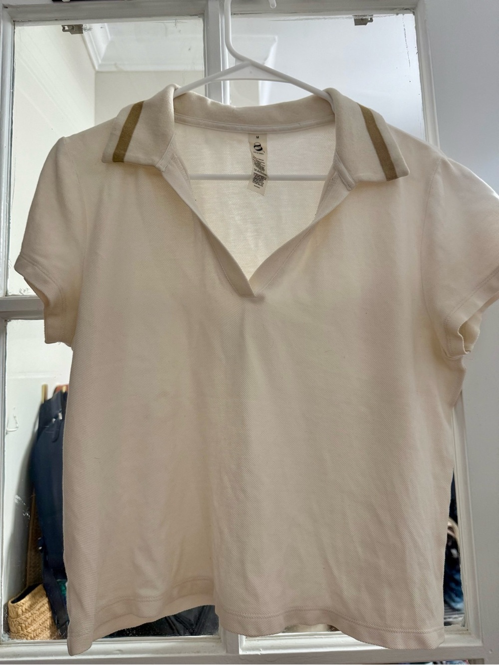 Lou & Grey Cream Short-Sleeve Polo Top with Tan Collar Stripe